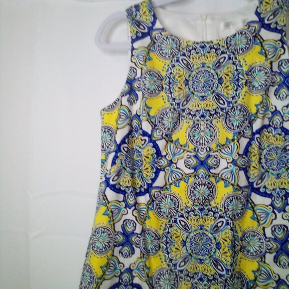 London Times Dress Women 6 Sleeveless Pattern Back Zip Yellow Blue - Picture 3 of 12